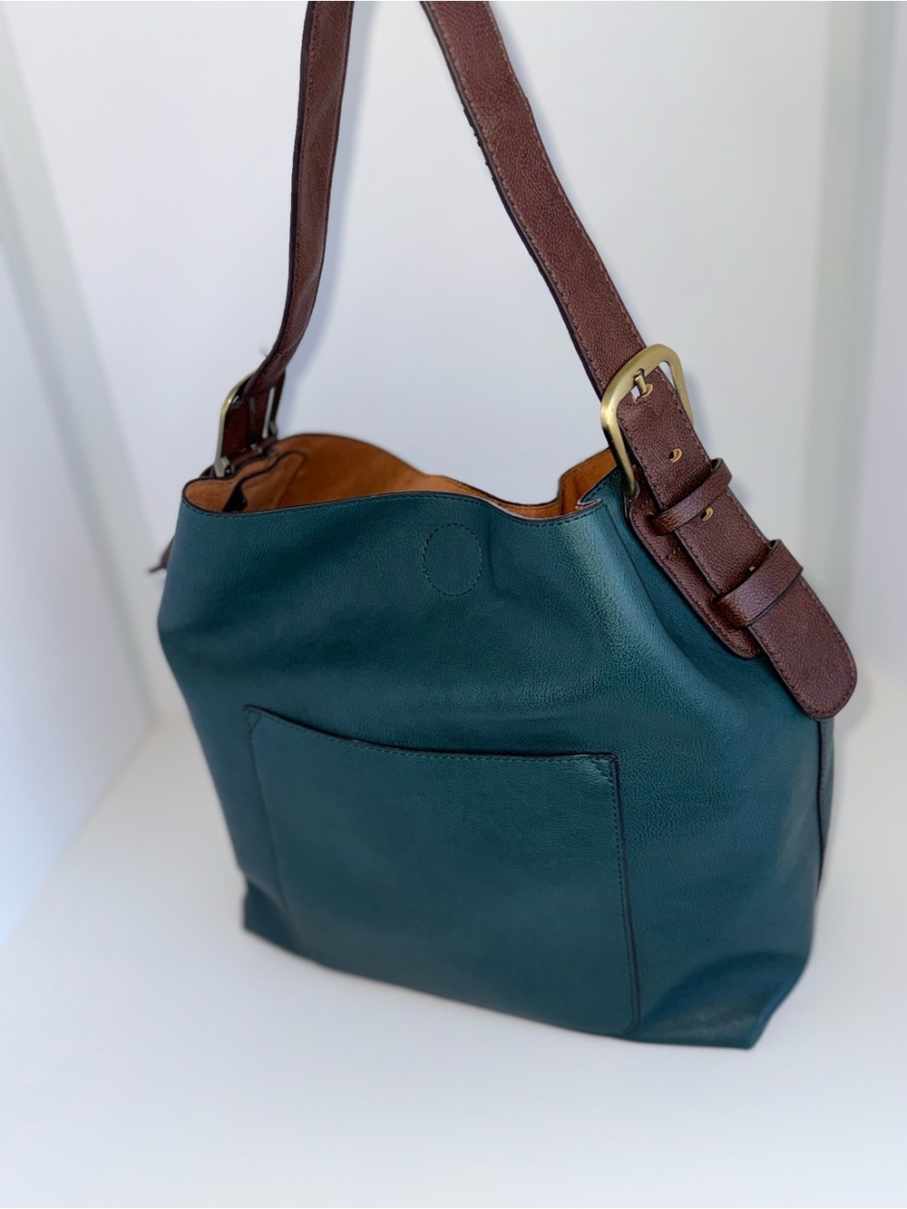 Joy Susan Teal Leather Shoulder Bag with Brown Strap and Removable Pouch